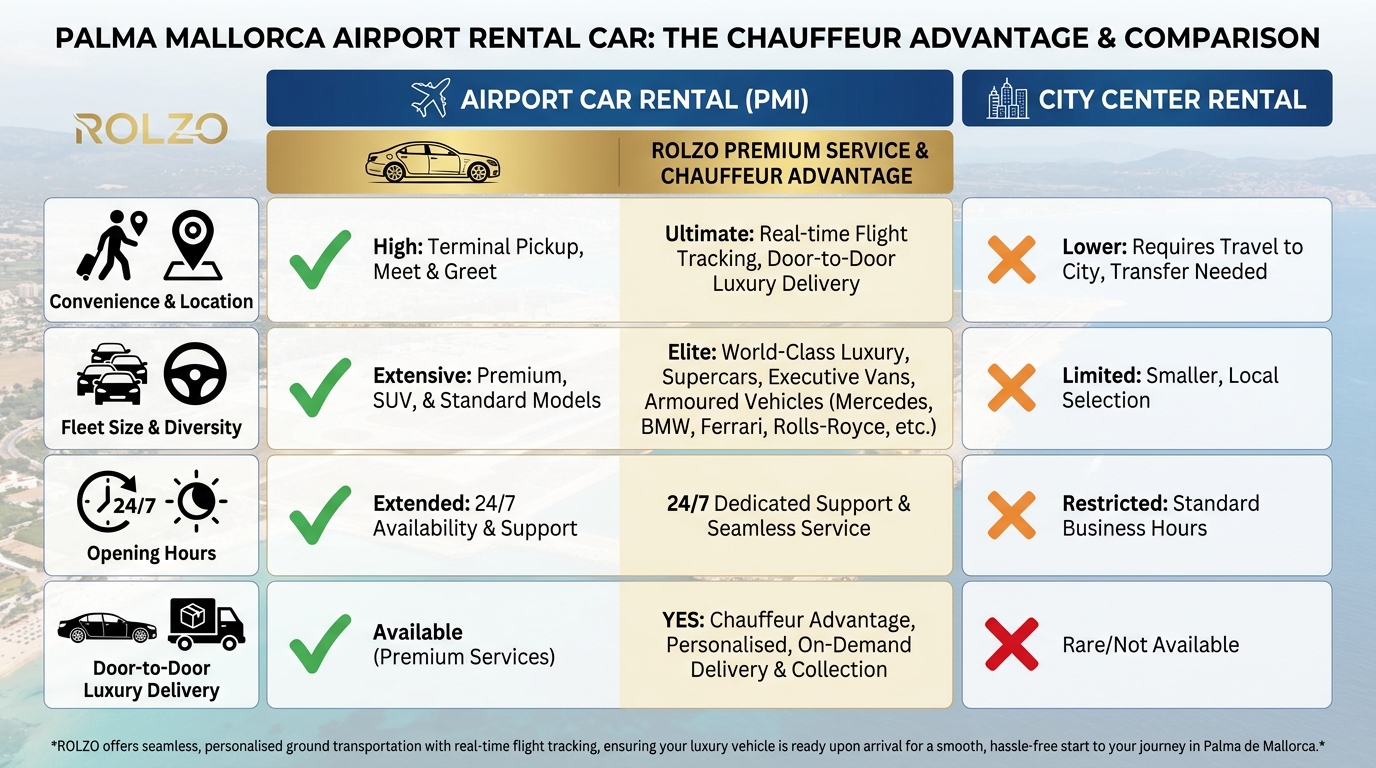 Comparison table contrasting airport car rental vs. city rental across factors like convenience, fleet size, opening hours, and door-to-door luxury delivery availability
