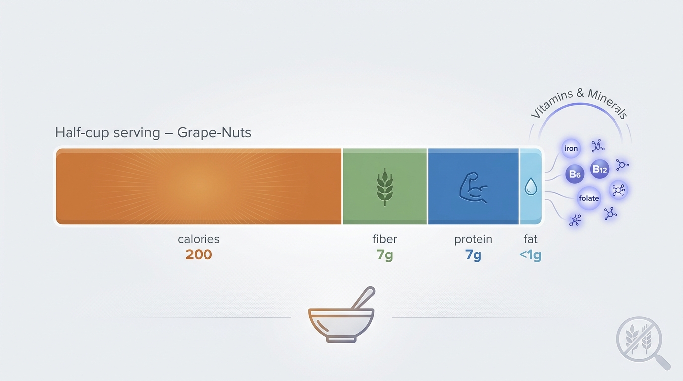 Nutritional breakdown infographic showing calories (200), protein (7g), fiber (7g), fat (<1g), and key vitamins/minerals in a half-cup serving of Grape-Nuts