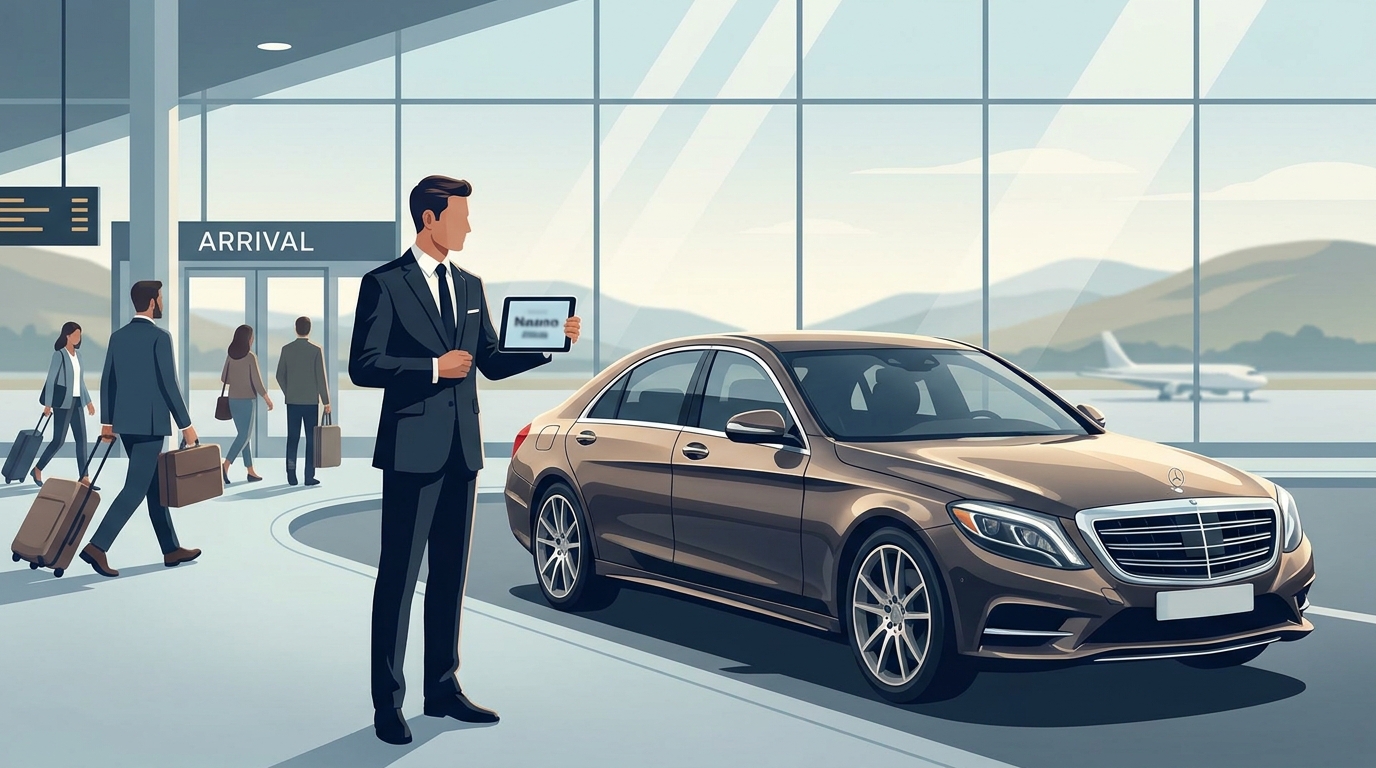 A hero image showing a professional chauffeur in a dark suit waiting at Glasgow Airport arrivals hall holding a name sign, with a luxury vehicle (Mercedes-Benz S-Class or Range Rover) visible nearby