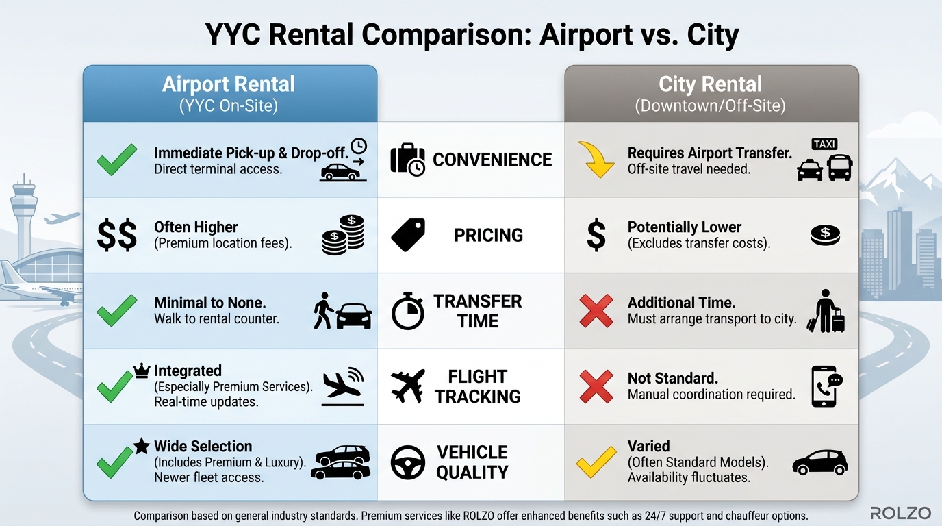 Side-by-side comparison chart contrasting Airport Rental vs. City Rental across factors like convenience, pricing, transfer time, flight tracking, and vehicle quality.