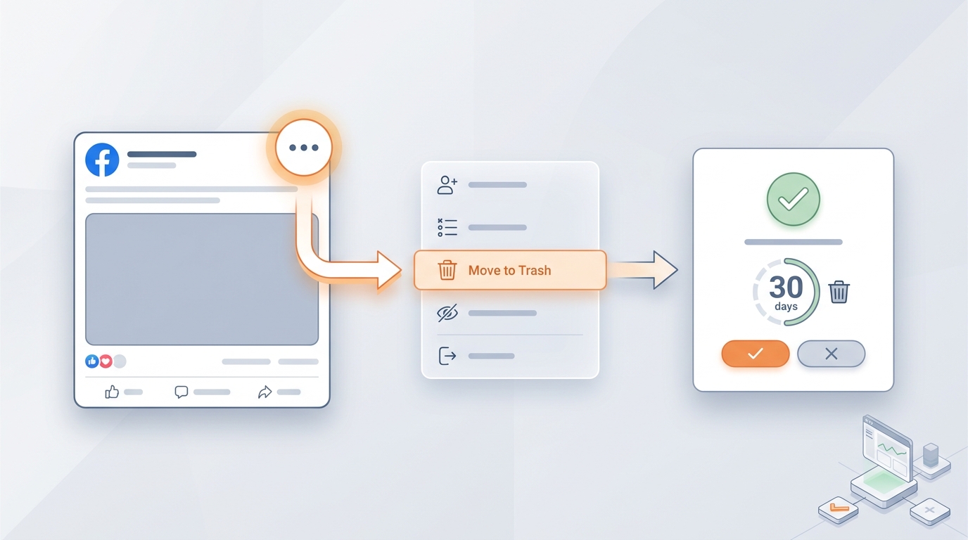 Step-by-step visual diagram showing the three-dot menu location on a Facebook post, with an arrow pointing to the 'Move to trash' option and a confirmation dialog