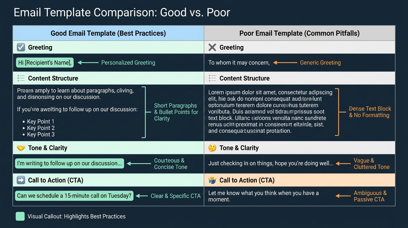 Side-by-side comparison showing 'Good Email Template' vs 'Poor Email Template' with visual callouts highlighting best practices like personalized greetings, short paragraphs, bullet points, and clear CTAs