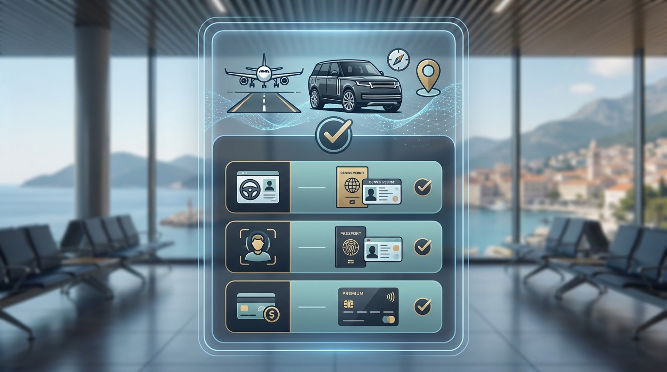 Infographic checklist showing required documents: driving license/IDP, passport/ID card, credit card, with icons for each document type