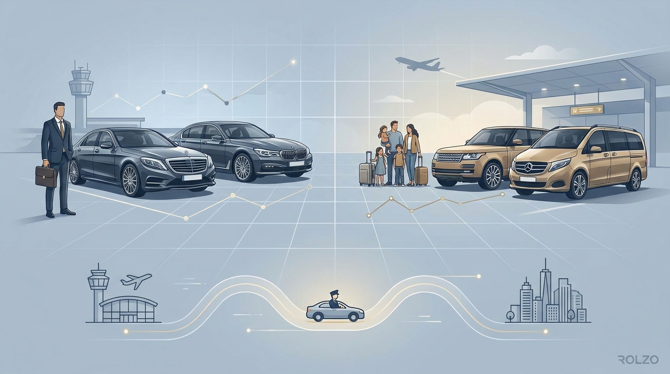 Visual grid showcasing ROLZO's premium fleet options matched to traveller needs (Mercedes-Benz S-Class and BMW 7 Series for executives, Range Rover and Mercedes-Benz V-Class for families/groups)