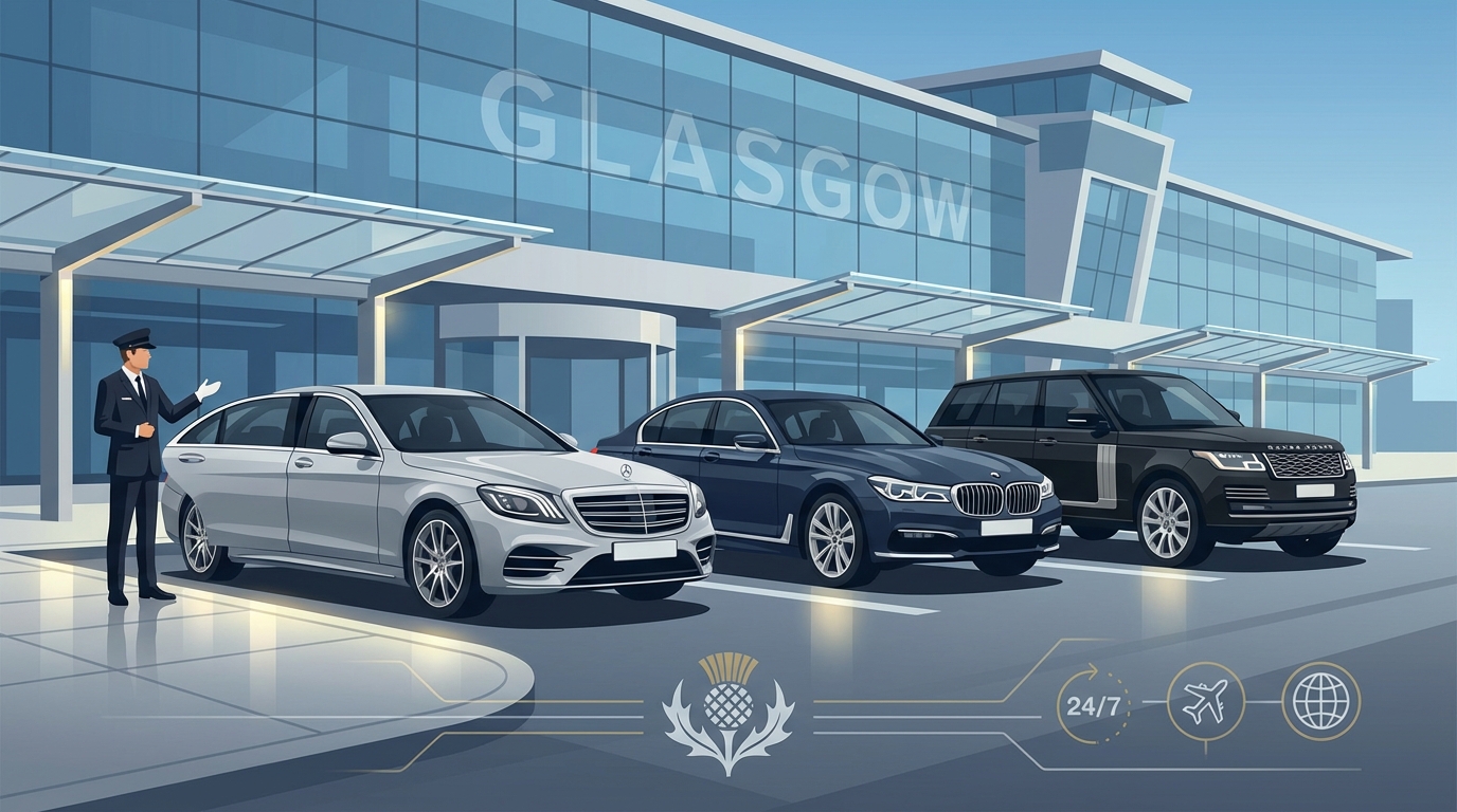 Hero image showing luxury vehicles (Mercedes-Benz S-Class, BMW 7 Series, Range Rover) parked at Glasgow Airport terminal with professional chauffeur