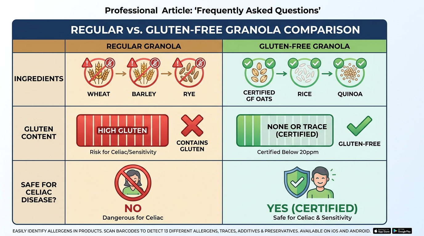 Side-by-side comparison table showing regular granola vs gluten-free granola: ingredients (wheat/barley/rye vs certified GF oats/rice/quinoa), gluten content, and safe for celiac disease (no vs yes)