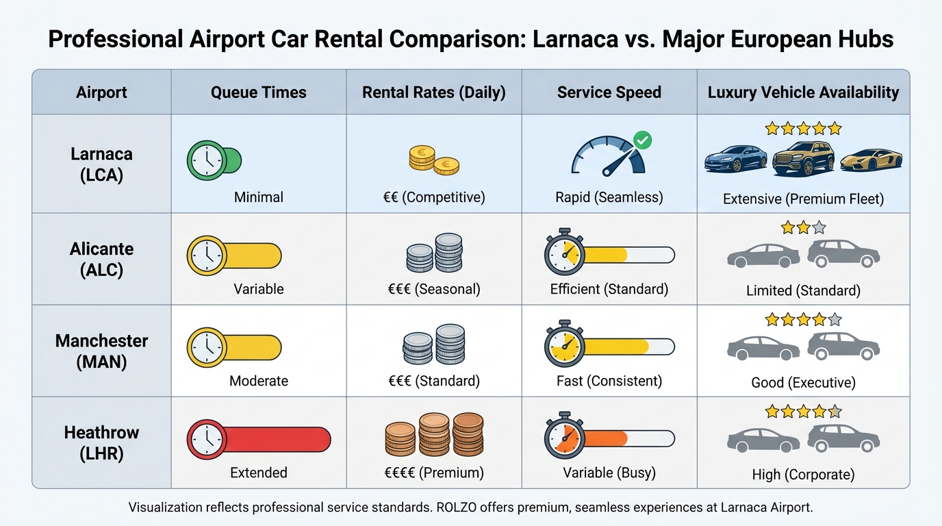 Comparison table or infographic showing Larnaca Airport versus other European airports (Alicante, Manchester, Heathrow) with metrics like queue times, rental rates, service speed, and luxury vehicle availability