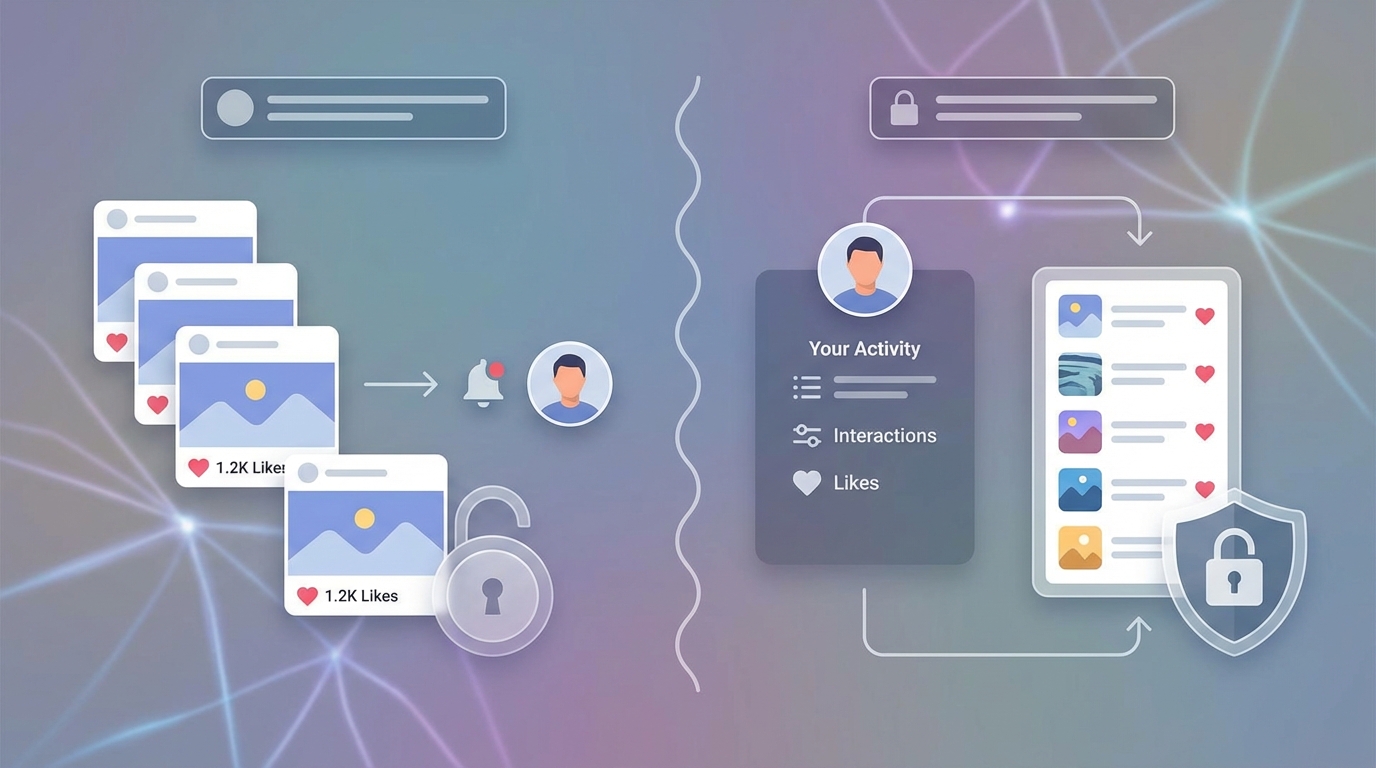 Privacy diagram or infographic showing what's visible to others (like count, notification to poster) versus what's private (your personal liked posts list)