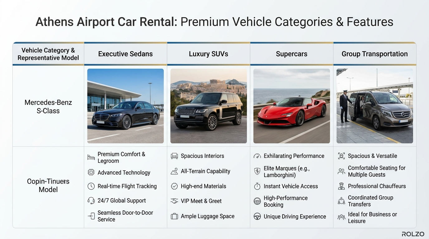 Visual grid or comparison chart showing different vehicle categories (Executive Sedans, Luxury SUVs, Supercars, Group Transportation) with representative vehicle images and key features for each category