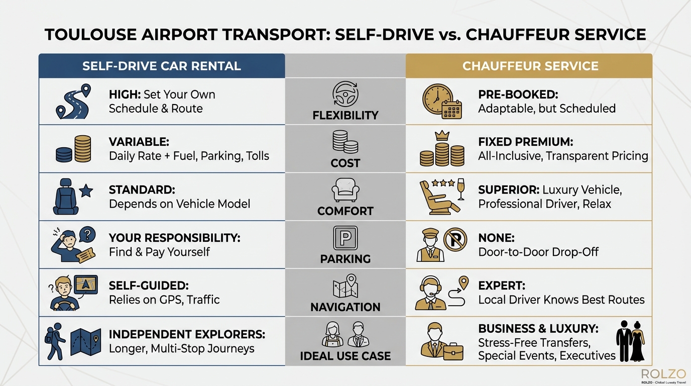 Comparison table contrasting self-drive car rental vs. chauffeur service across factors like flexibility, cost, comfort, parking, navigation, and ideal use case