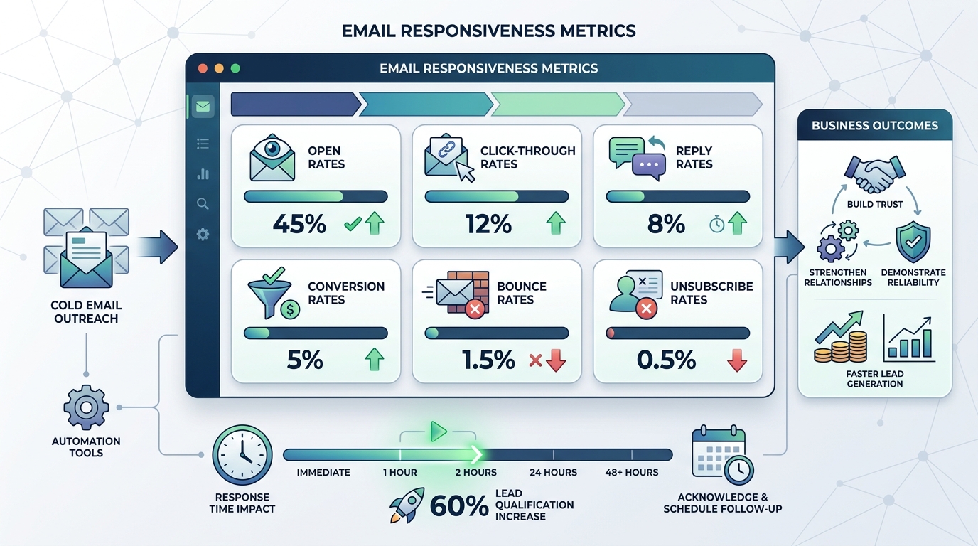 Dashboard mockup or infographic showing key email metrics to track: open rates, click-through rates, reply rates, conversion rates, bounce rates, and unsubscribe rates with visual indicators