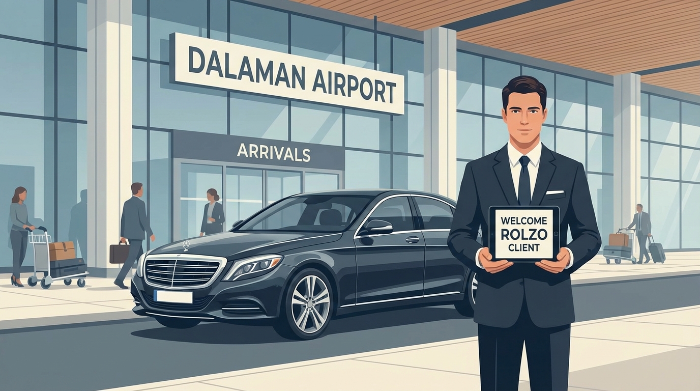 Professional chauffeur holding welcome sign at airport arrivals area with luxury vehicle in background, depicting meet-and-greet service