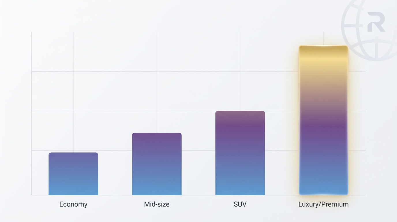 Bar chart showing estimated daily car rental costs by vehicle category (economy €25-45, mid-size, SUV, luxury/premium) at Girona Airport