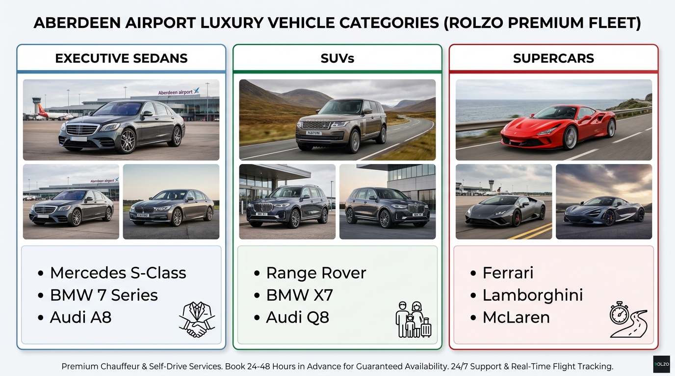 Visual grid or comparison table showcasing different luxury vehicle categories: Executive Sedans (Mercedes S-Class, BMW 7 Series, Audi A8), SUVs (Range Rover, BMW X7, Audi Q8), and Supercars (Ferrari, Lamborghini, McLaren) with representative images