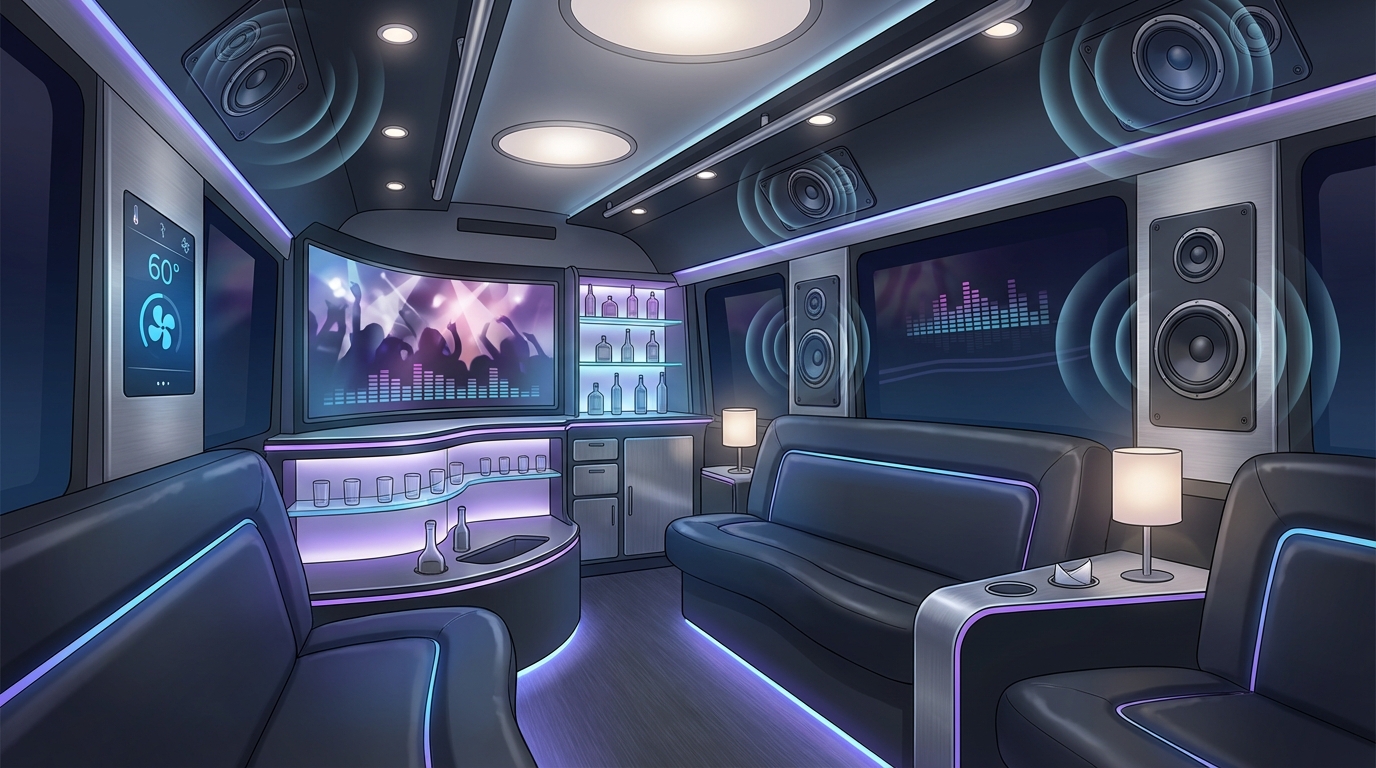 Interior illustration or photo montage of luxury party bus amenities including sound systems, LED lighting, leather seating, bar areas, entertainment screens, and climate control features