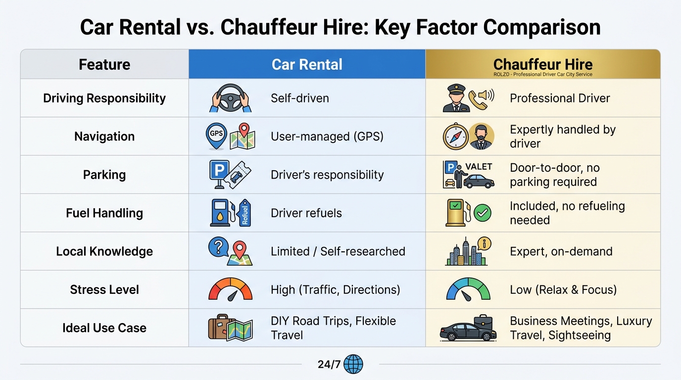 Side-by-side comparison table contrasting Car Rental vs Chauffeur Hire across key factors: driving responsibility, navigation, parking, fuel handling, local knowledge, stress level, and ideal use case