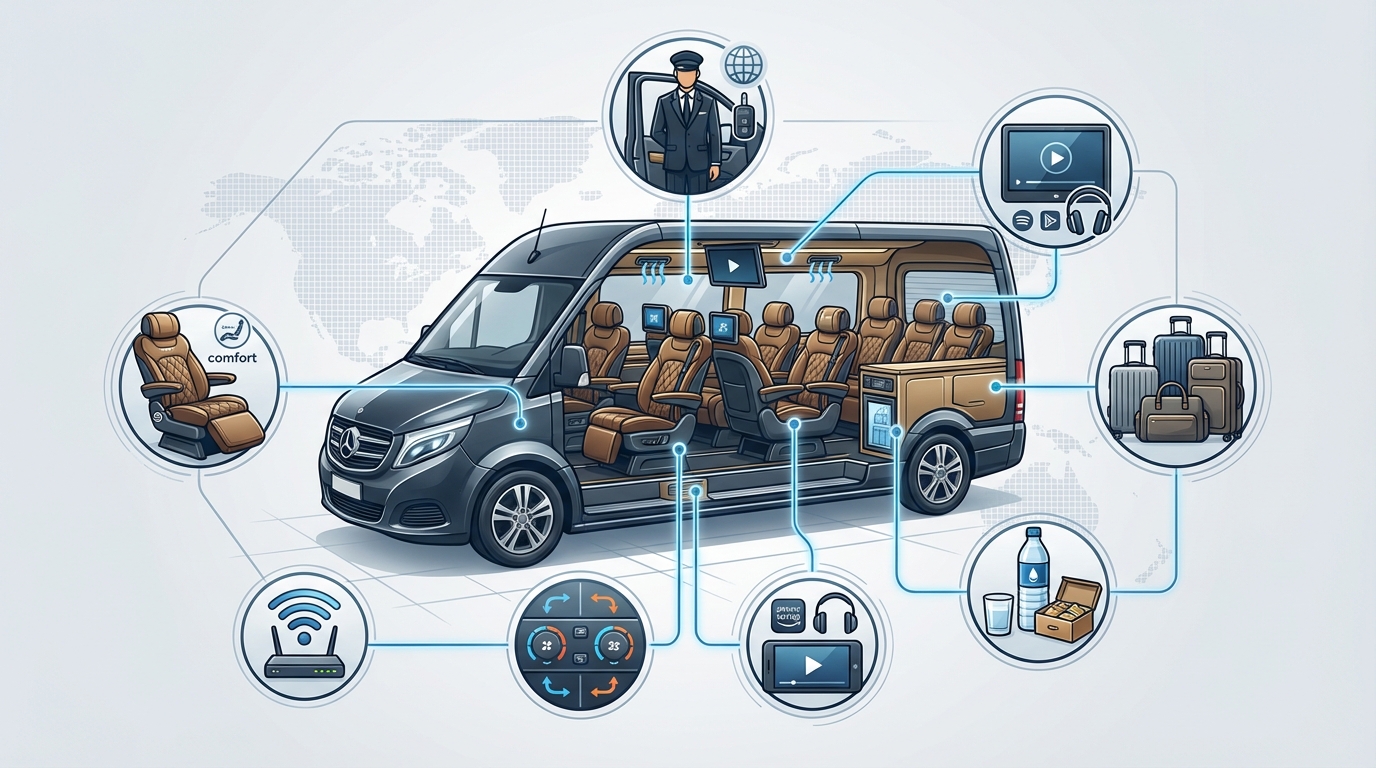 Infographic or illustrated diagram showing luxury amenities icons: leather seating, Wi-Fi, climate control, entertainment systems, refreshments, luggage capacity, and professional chauffeur services