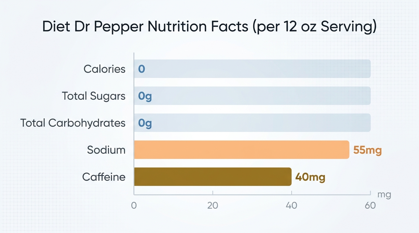 Nutrition facts label visualization or infographic highlighting the key values: 0 calories, 0g sugar, 0g carbs, 55mg sodium, 40mg caffeine per 12 oz serving