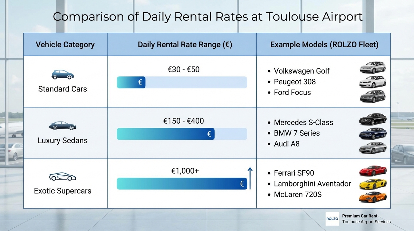 Comparison table showing daily rental rates across vehicle categories (Standard cars: €30-50, Luxury sedans: €150-400, Exotic supercars: €1,000+) with example models for each tier