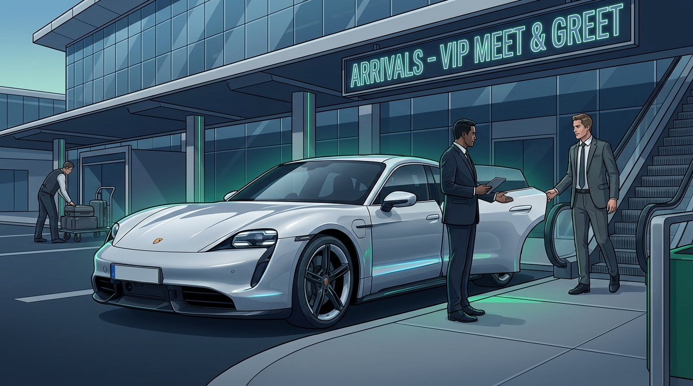 Hero image showing a premium electric vehicle (e.g., Tesla, Porsche Taycan, or Audi e-tron) being met by a professional chauffeur at an airport arrivals area, emphasizing the VIP Meet & Greet experience