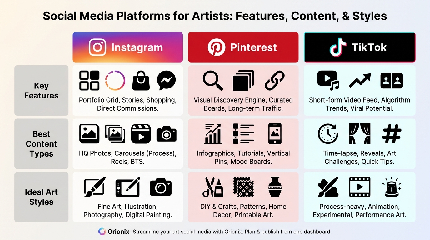 Comparison table showing Instagram, Pinterest, and TikTok with their key features, best content types, and ideal art styles for each platform