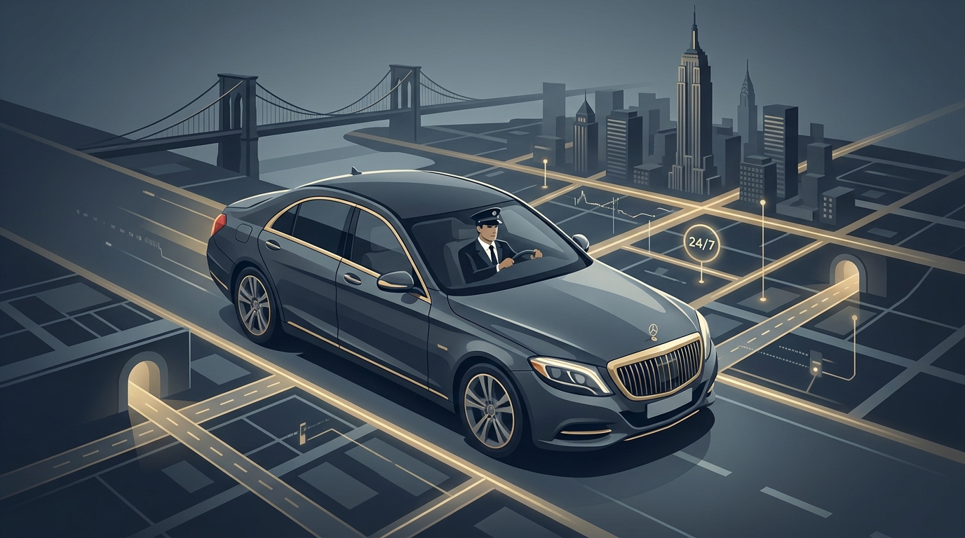 Illustration of a chauffeur driving a luxury vehicle through the New York grid of avenues, bridges, and tunnels, conveying local expertise and composure