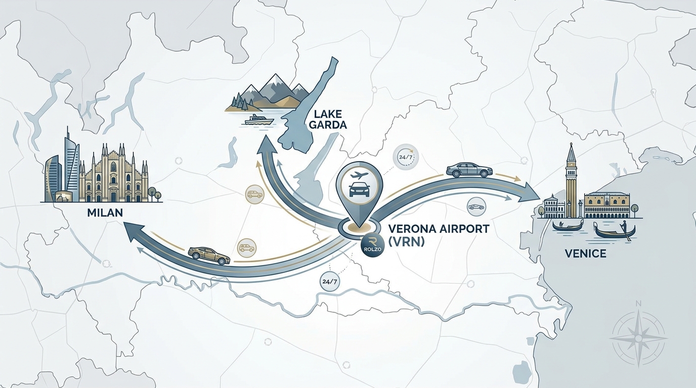 Map illustration of Verona Airport's strategic location showing proximity and travel routes to Venice, Lake Garda, and Milan