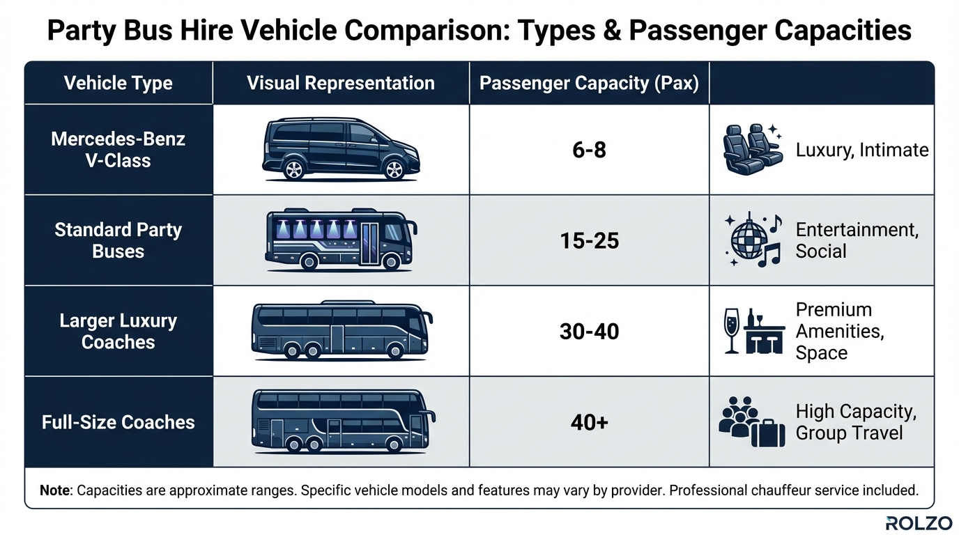 Visual comparison table showing different party bus vehicle types with passenger capacity ranges: Mercedes-Benz V-Class (6-8), Standard party buses (15-25), Larger luxury coaches (30-40), Full-size coaches (40+)