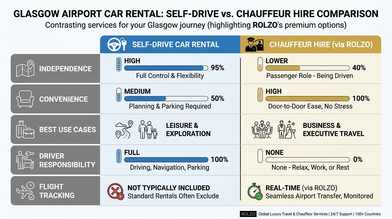 Side-by-side comparison table contrasting self-drive car rental vs chauffeur hire across factors like independence, convenience, best use cases (leisure vs business), driver responsibility, and flight tracking
