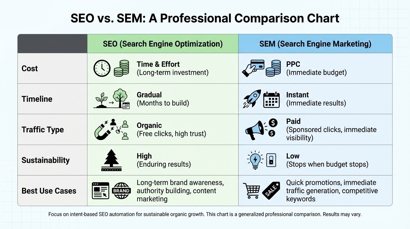 Comparison table showing SEO vs SEM with columns for cost, timeline, traffic type, sustainability, and best use cases