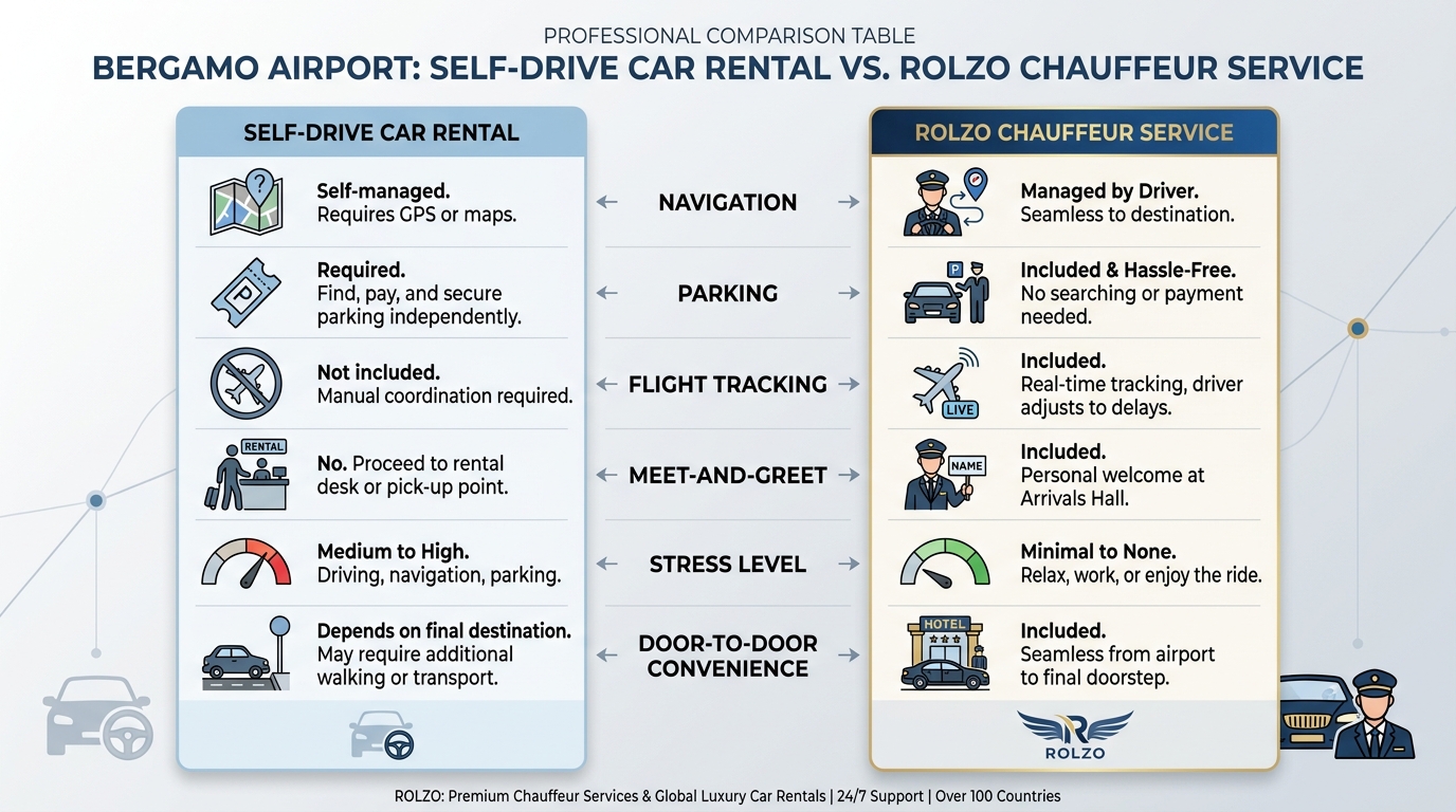 Comparison table contrasting self-drive car rental vs. chauffeur service at Bergamo Airport across factors like navigation, parking, flight tracking, meet-and-greet, stress level, and door-to-door convenience