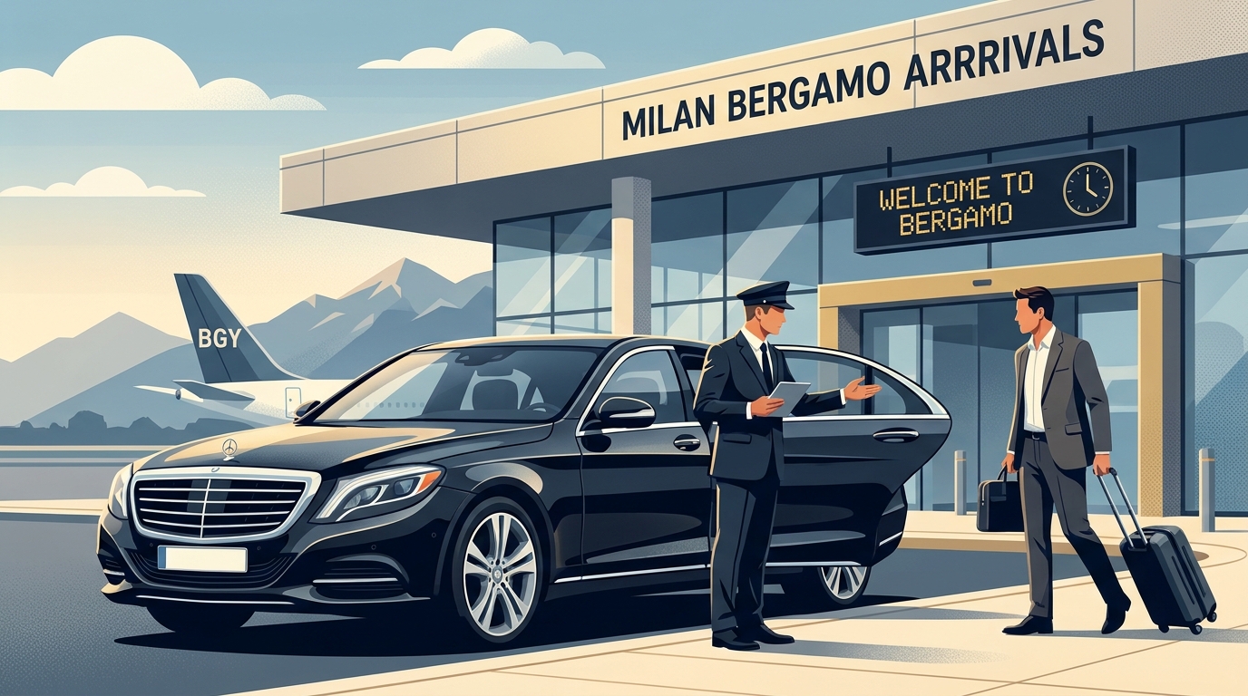 Hero image showing a luxury chauffeur-driven vehicle (e.g., Mercedes S-Class) waiting curbside at Milan Bergamo Airport arrivals, with a professional chauffeur performing a meet-and-greet