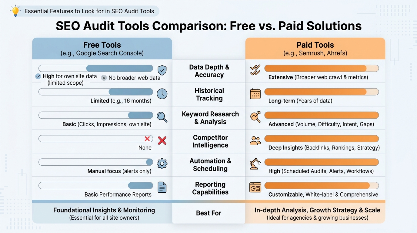 Side-by-side comparison chart contrasting free tools (Google Search Console) vs paid tools across dimensions: data depth, historical tracking, keyword research, competitor intelligence, automation, and reporting capabilities