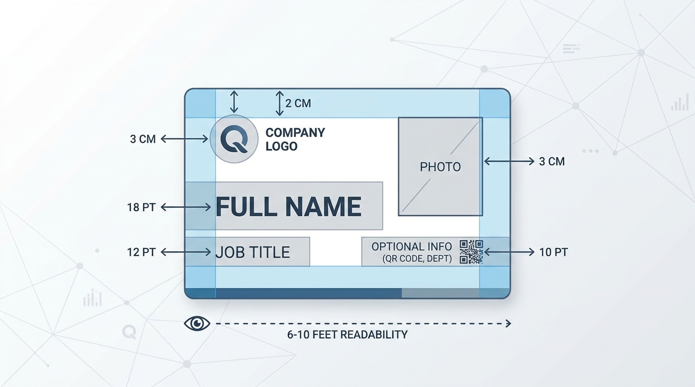 Annotated example of a well-designed name badge showing placement of key elements: full name, job title, company logo, photo, and optional fields with spacing guidelines for 6-10 feet readability