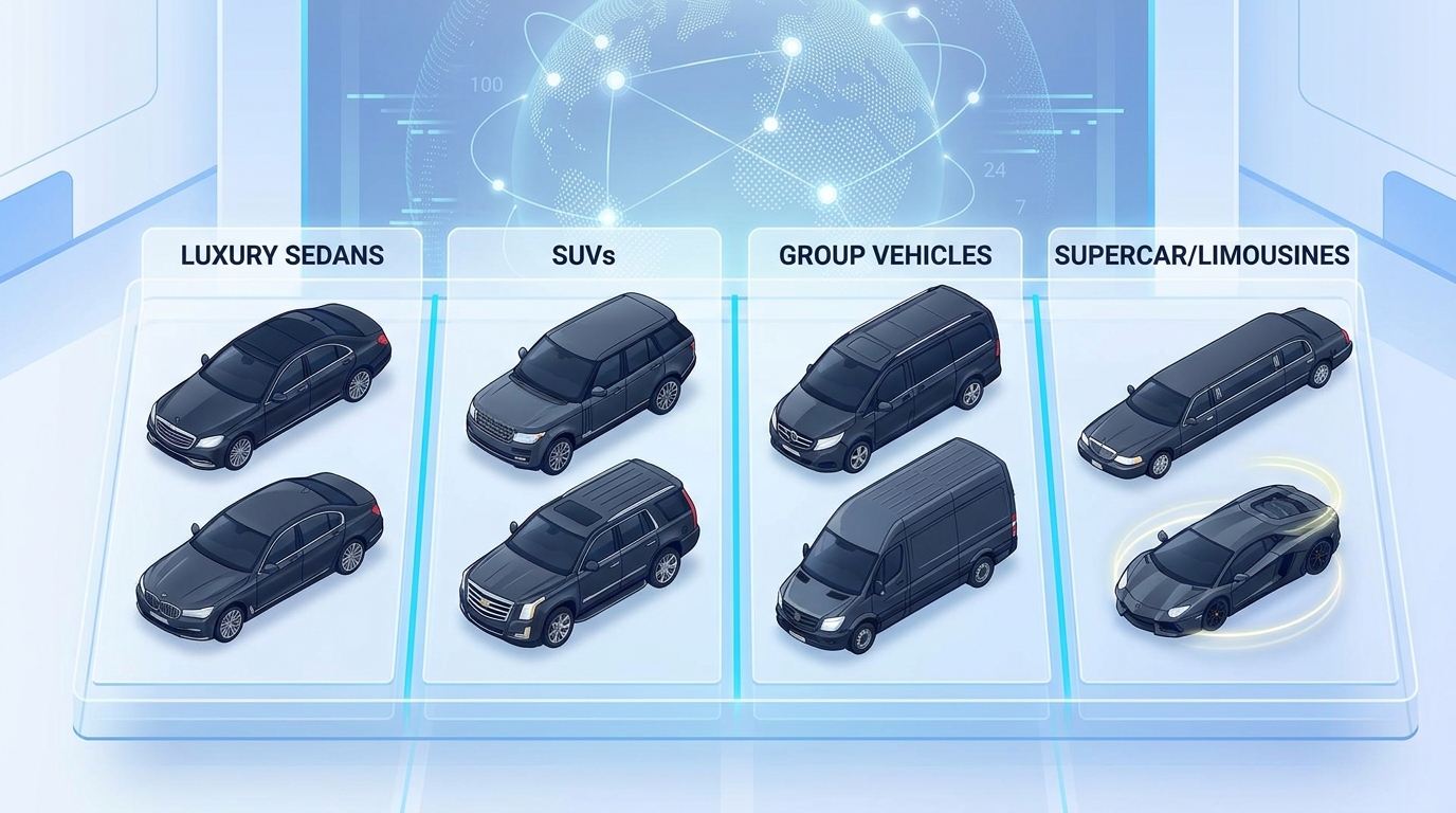 Visual grid or lineup of the available fleet categories: luxury sedans (Mercedes-Benz S-Class, BMW 7 Series), SUVs (Range Rover, Cadillac Escalade), group vehicles (Mercedes-Benz V-Class, Sprinter), and supercars/limousines