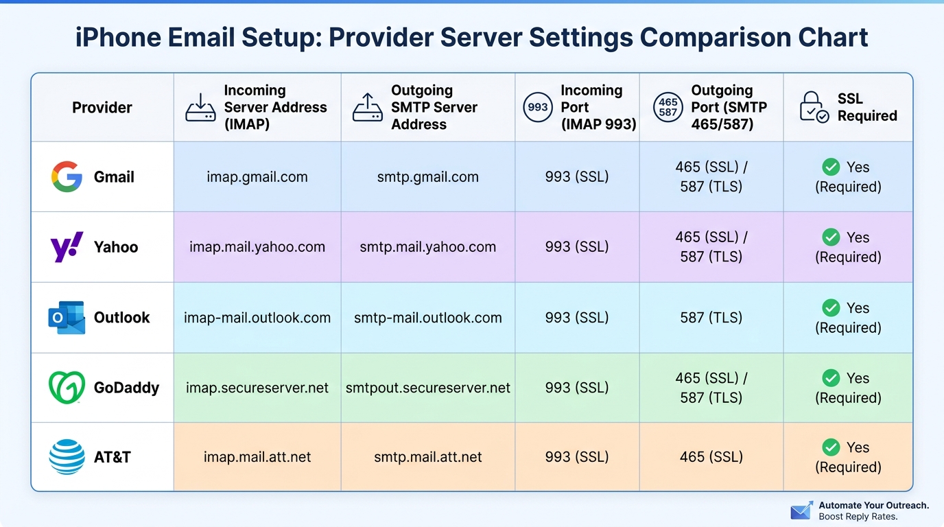 Comparison table showing common email providers (Gmail, Yahoo, Outlook, GoDaddy, AT&T) with their respective server settings including incoming server addresses, outgoing SMTP servers, port numbers (IMAP 993, SMTP 465/587), and SSL requirements