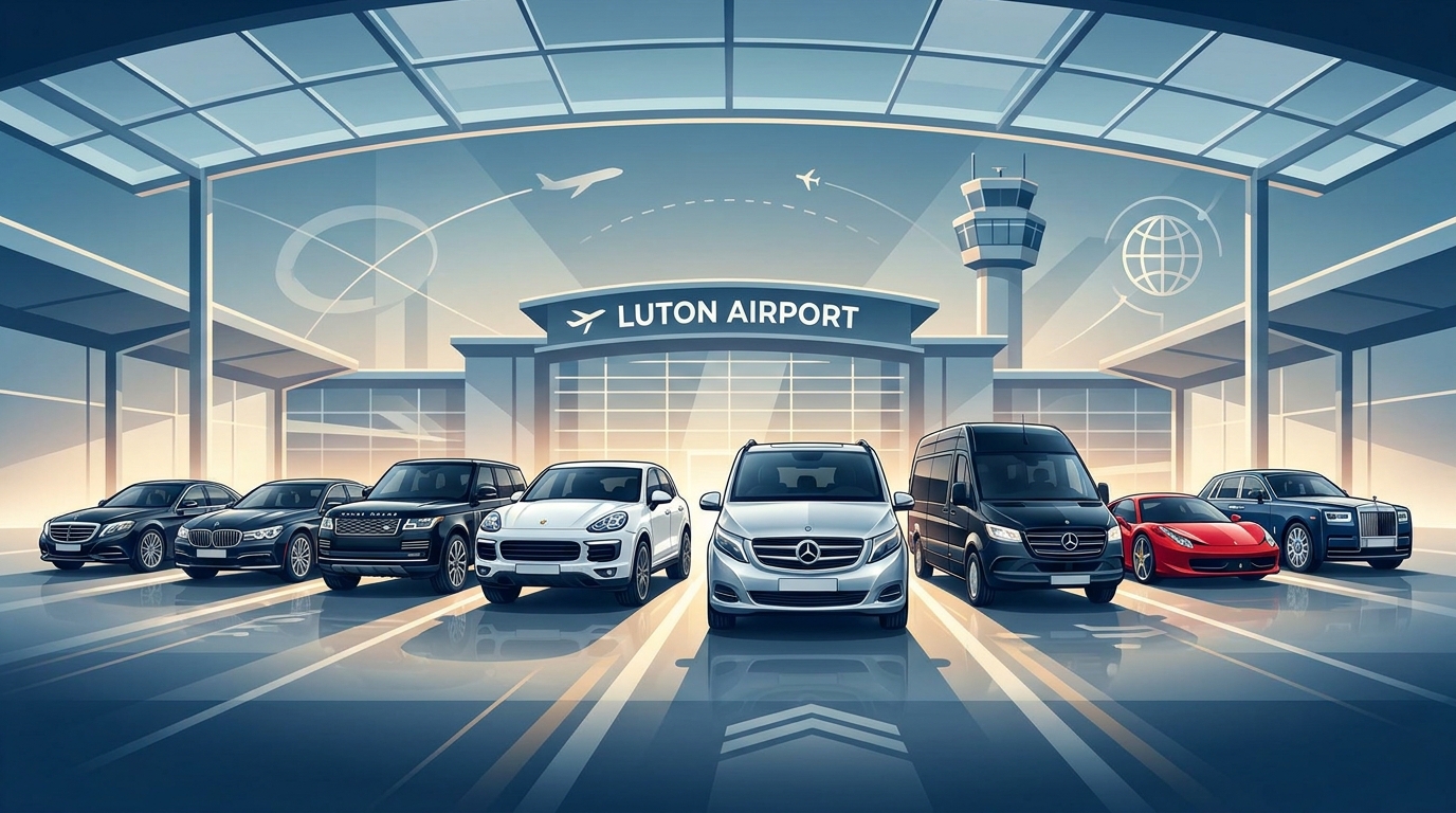 Visual fleet showcase displaying luxury vehicle categories: sedans (Mercedes S-Class, BMW 7 Series, Audi A8), SUVs (Range Rover, Porsche Cayenne), minivans (Mercedes Sprinter, V-Class), and supercars (Ferrari, Lamborghini, Rolls-Royce)