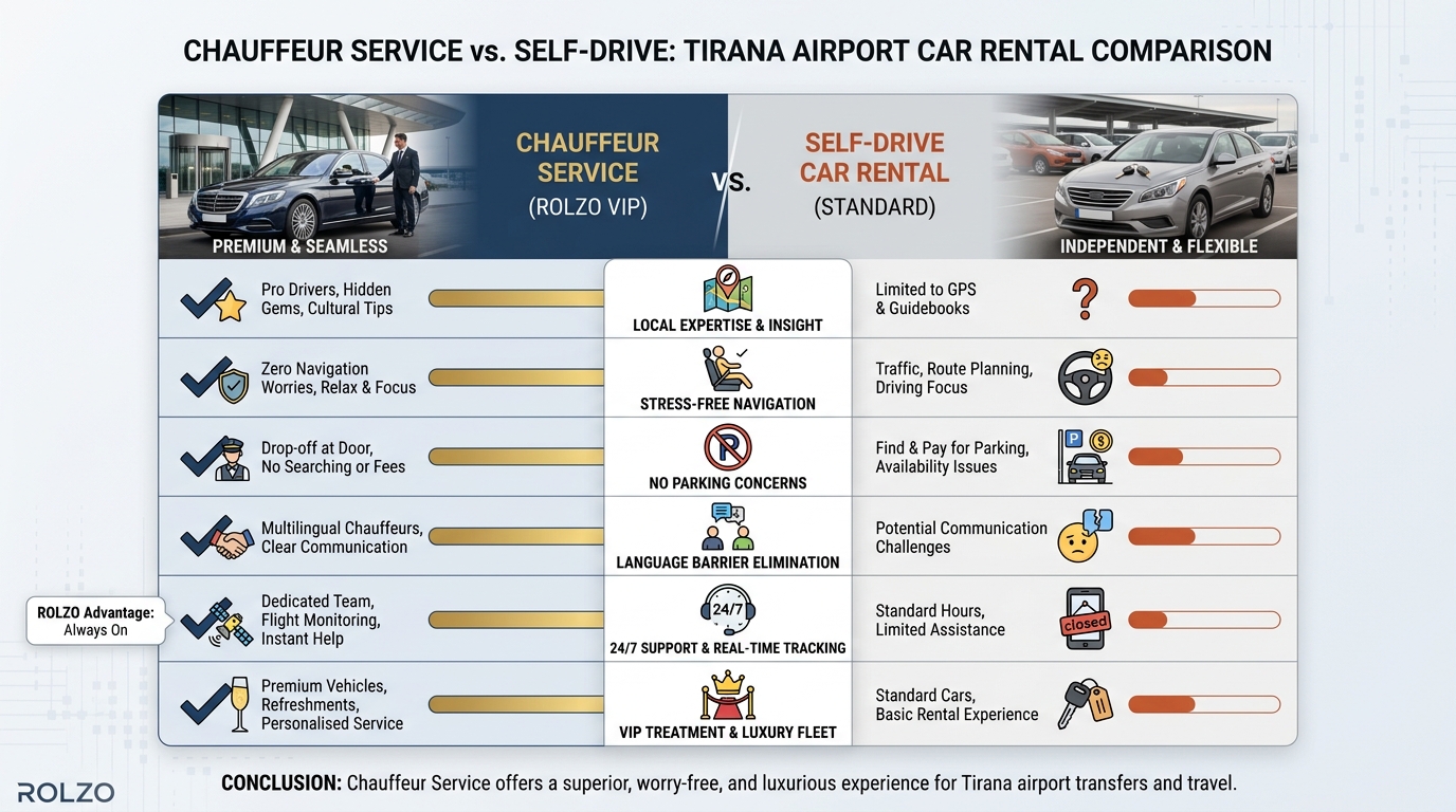 Side-by-side comparison infographic showing benefits of chauffeur service vs. self-drive: local expertise, stress-free navigation, no parking concerns, language barrier elimination, 24/7 support, and VIP treatment