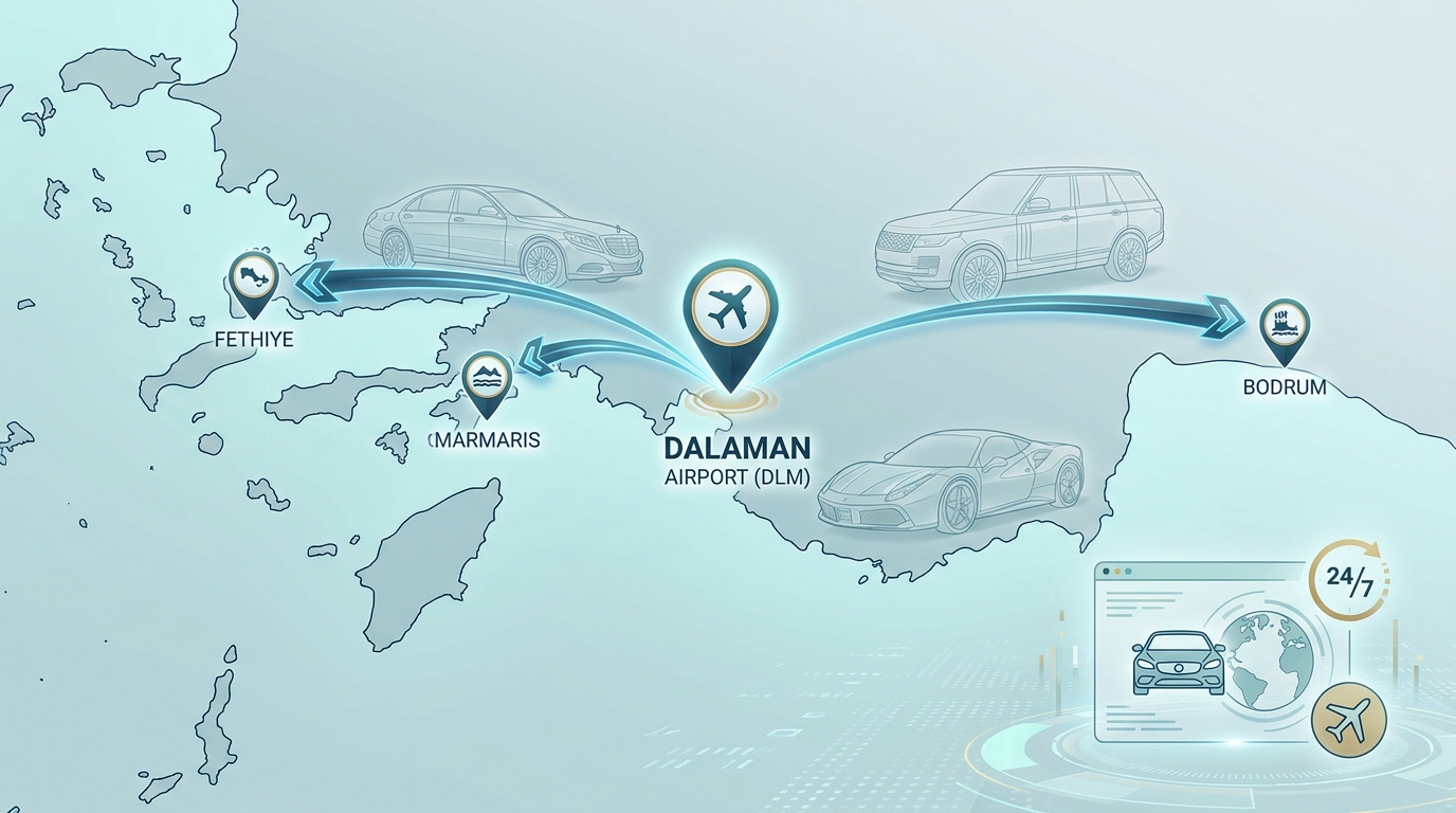 Map visualization showing Dalaman Airport and key destinations along Turkey's Turquoise Coast including Fethiye, Marmaris, and Bodrum with travel routes