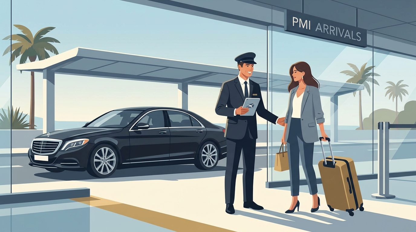 Photo or illustration of a luxury chauffeur assisting a traveller with luggage at Palma de Mallorca Airport arrivals, showing the door-to-door meet-and-greet experience