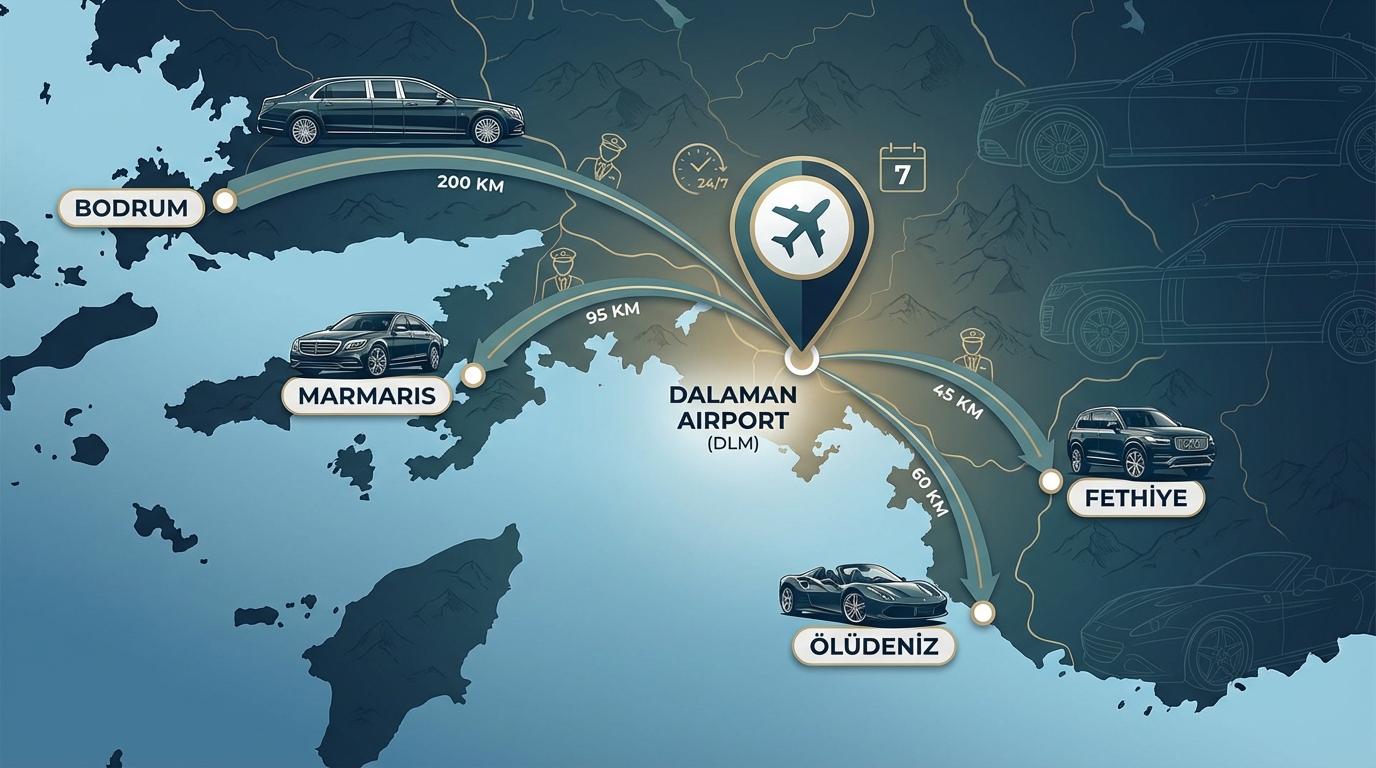 Map showing Dalaman Airport location and key destinations mentioned (Fethiye, Bodrum, Marmaris, Ölüdeniz) along Turkey's Mediterranean coastline with approximate distances