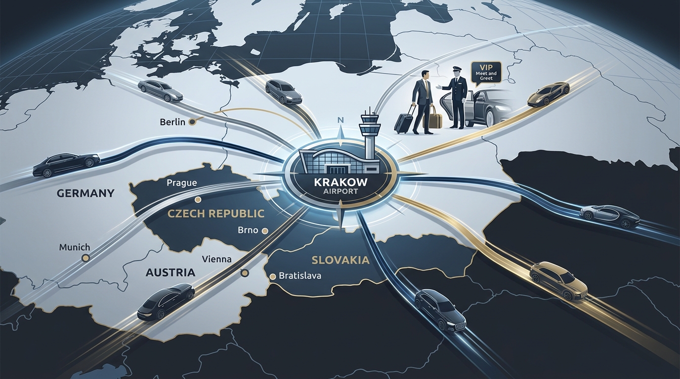 Map showing Krakow Airport as the central point with routes/connections to neighboring countries (Czech Republic, Slovakia, Austria, Germany) highlighting cross-border service coverage