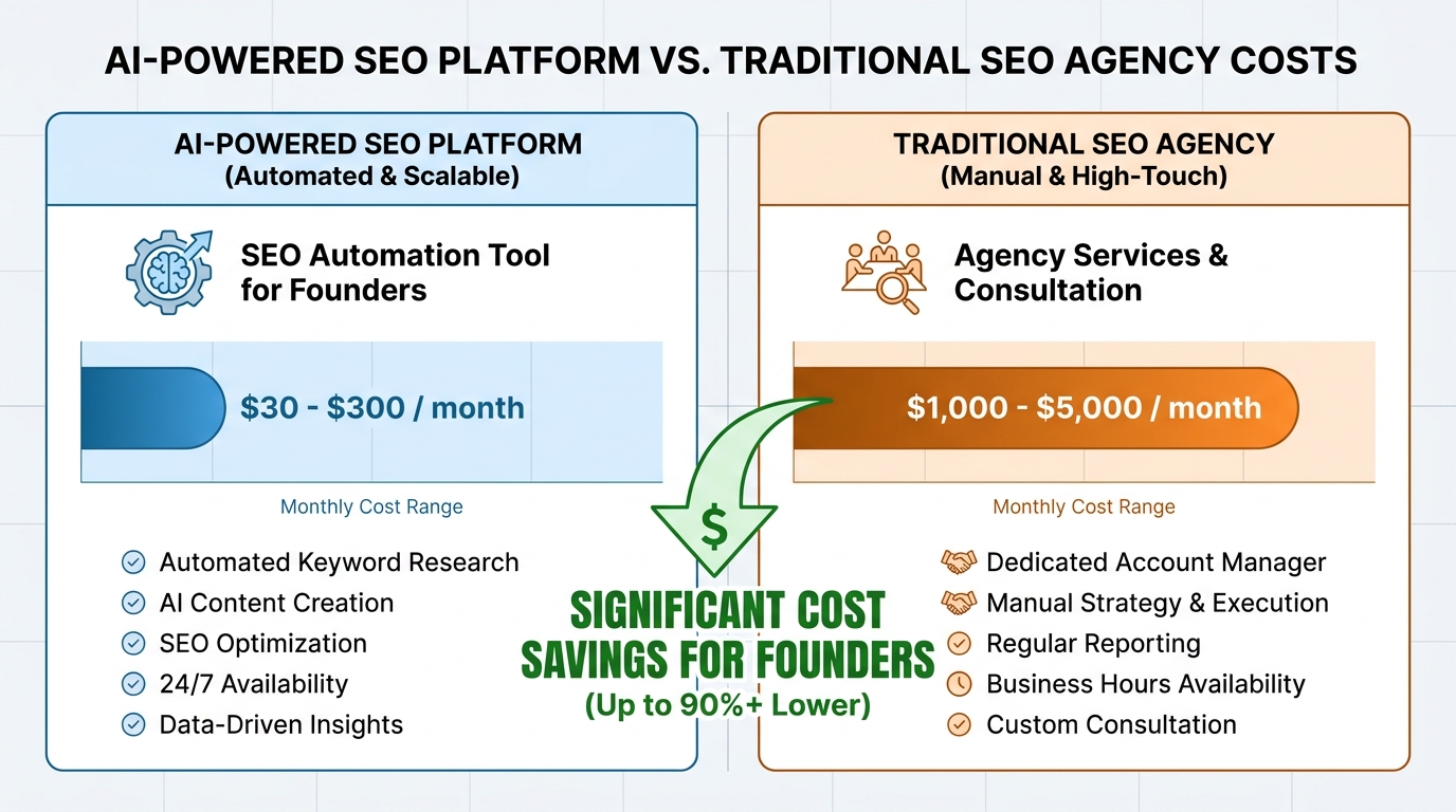 Comparison table or bar chart contrasting AI-powered SEO platform costs ($30-$300/month) versus traditional SEO agency costs ($1,000-$5,000/month), highlighting the cost savings for founders