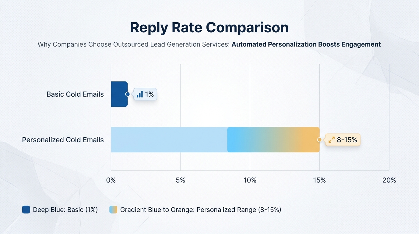 Bar chart comparing reply rates: basic cold emails (1%) vs. personalized cold emails (8-15%)