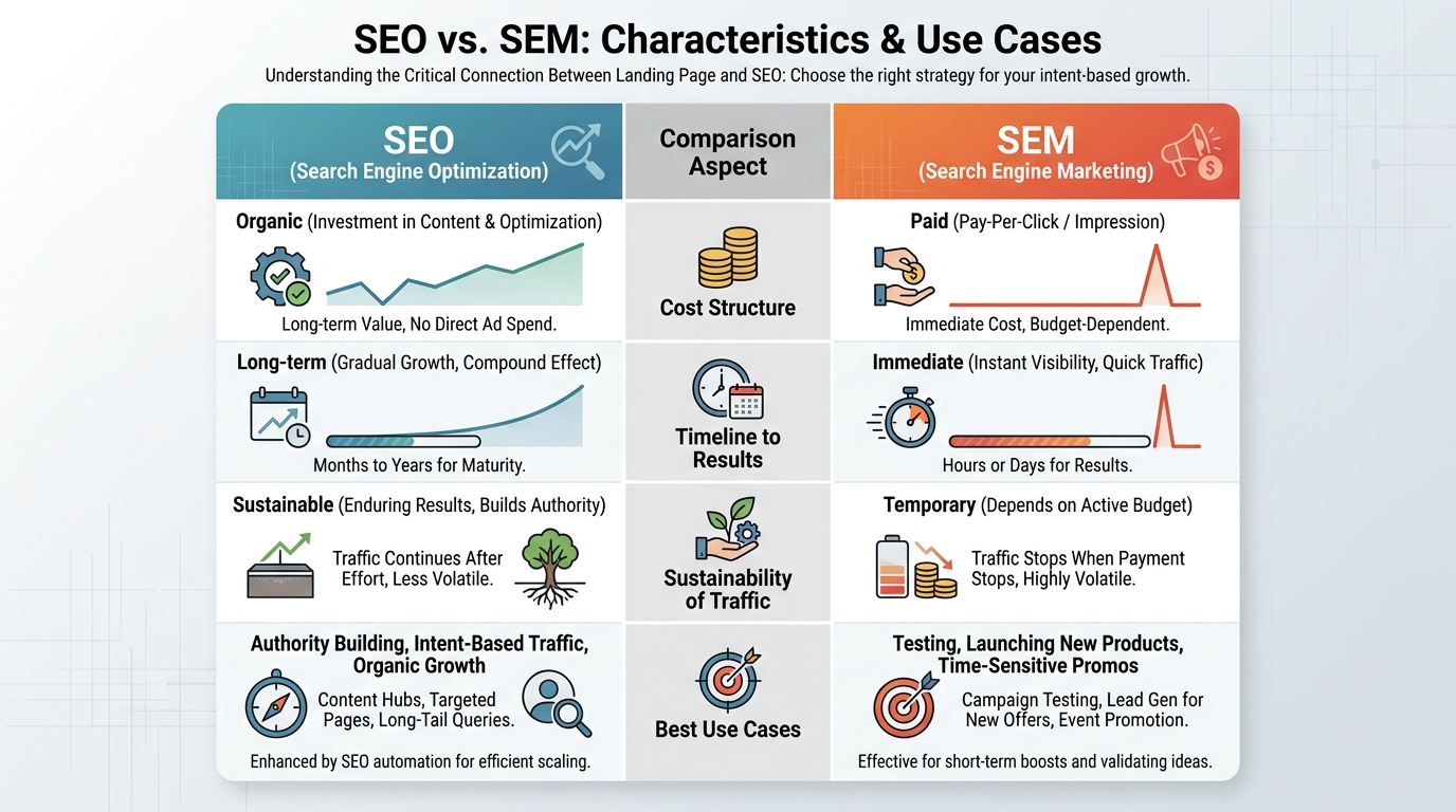 Side-by-side comparison table showing SEO vs SEM characteristics: cost structure (organic vs paid), timeline (long-term vs immediate), sustainability, and best use cases