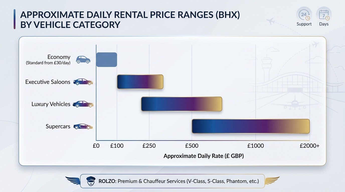 Bar chart showing approximate daily rental price ranges by vehicle category (economy from £30/day, executive saloons, luxury vehicles, supercars)