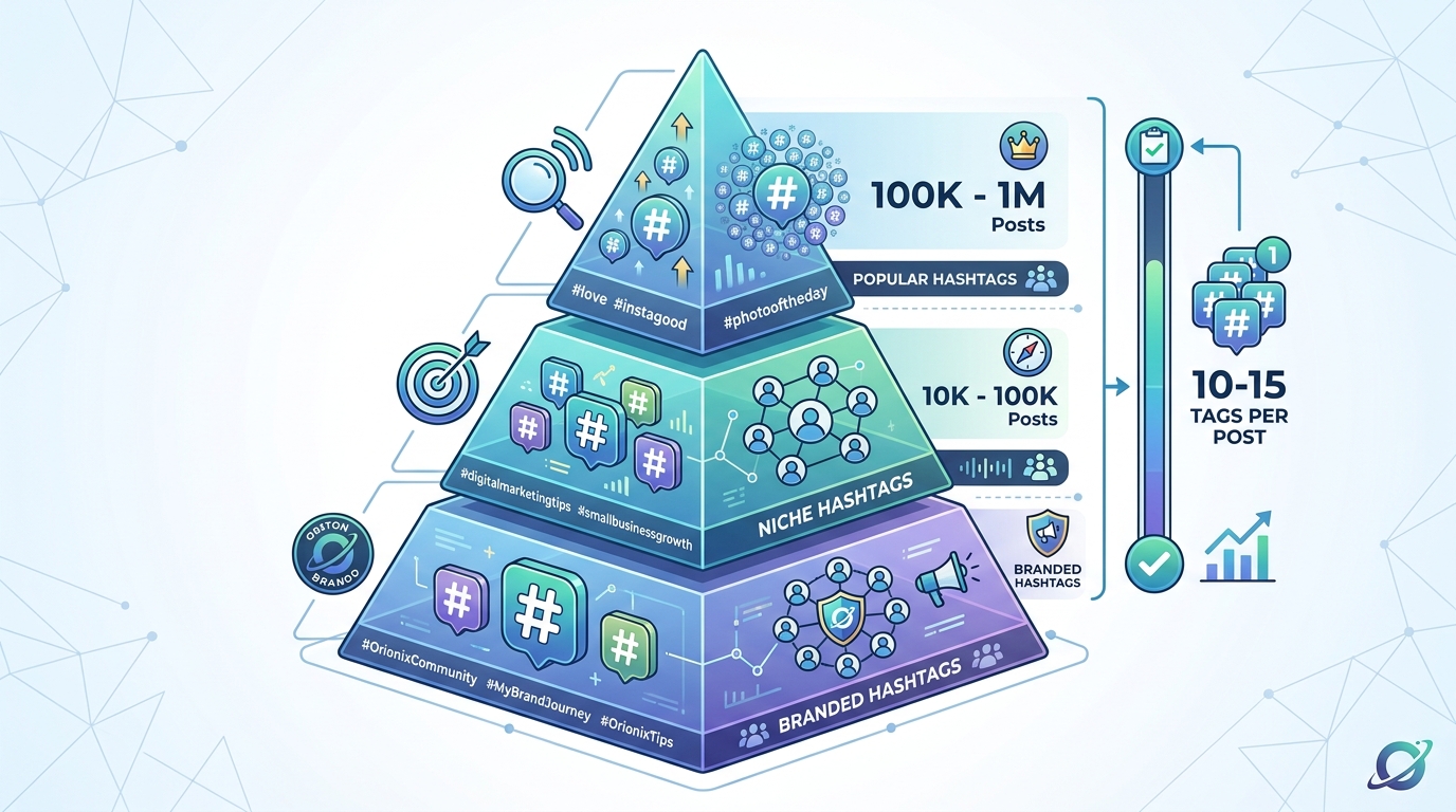 Infographic showing hashtag strategy pyramid with three tiers: popular hashtags (100K-1M posts) at top, niche hashtags (10K-100K posts) in middle, and branded hashtags at bottom, with recommendation of 10-15 tags per post