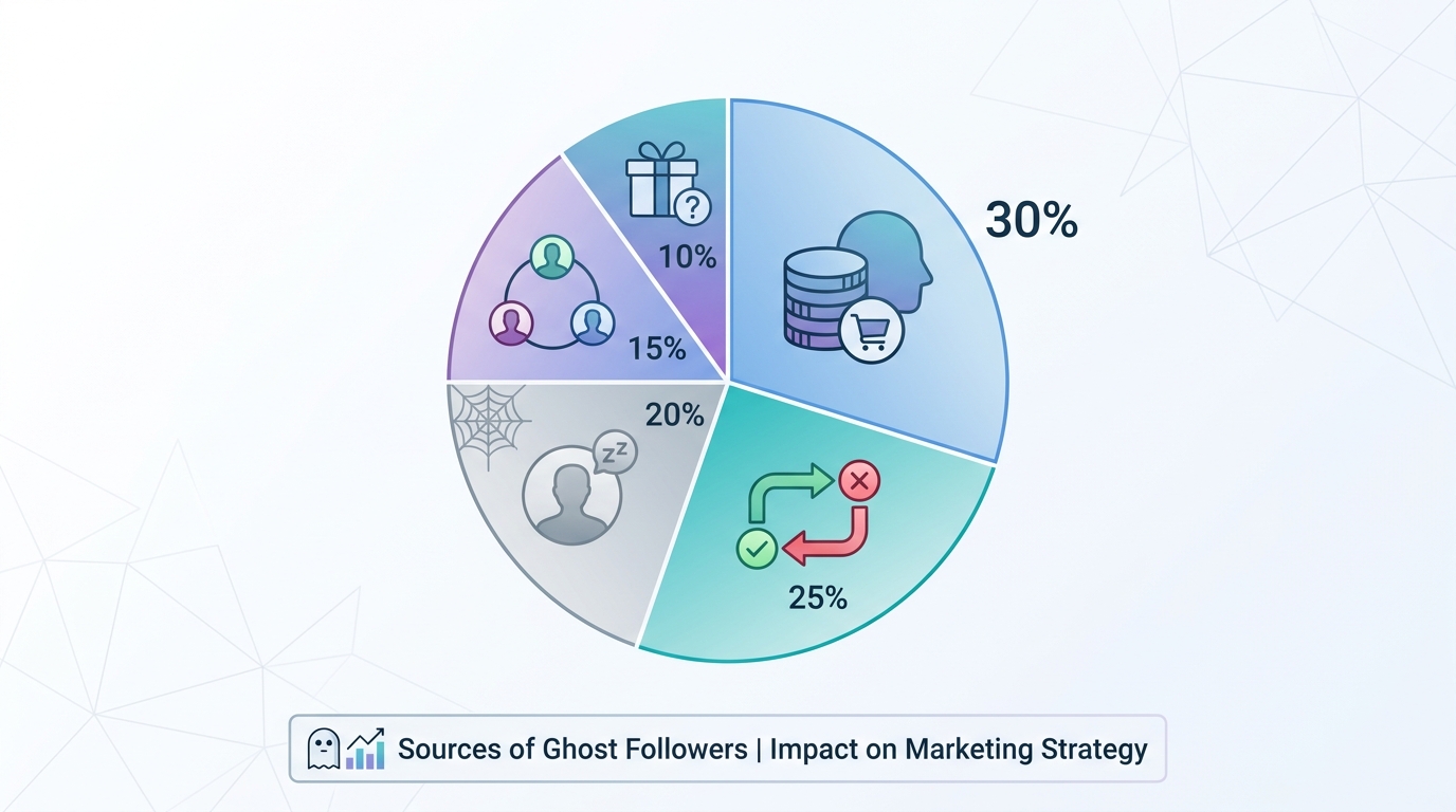 Pie chart or icon-based breakdown showing common sources of ghost followers: purchased followers (30%), follow/unfollow tactics (25%), inactive accounts (20%), engagement pods (15%), giveaway followers (10%)