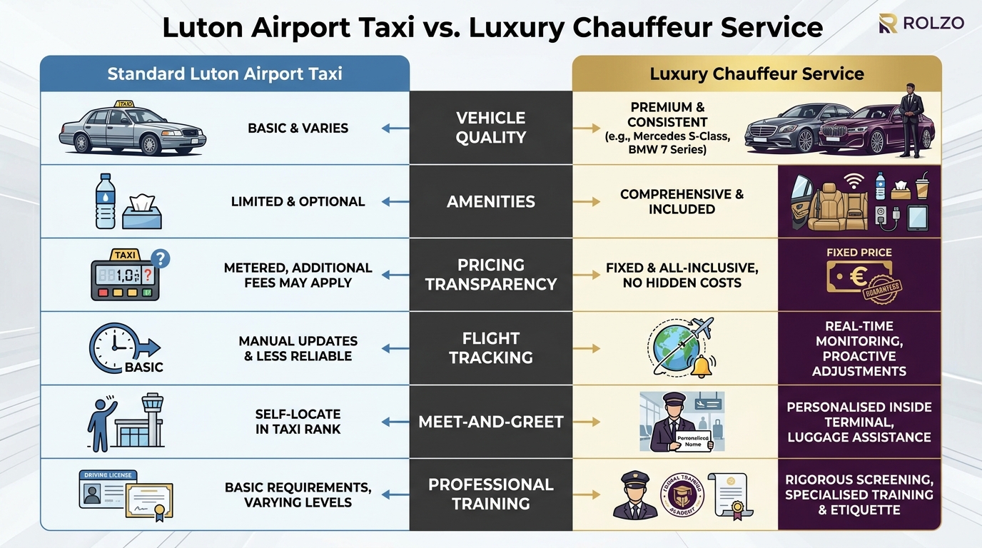 Side-by-side comparison chart contrasting Standard Luton Airport Taxi vs. Luxury Chauffeur Service features: vehicle quality, amenities, pricing transparency, flight tracking, meet-and-greet, and professional training