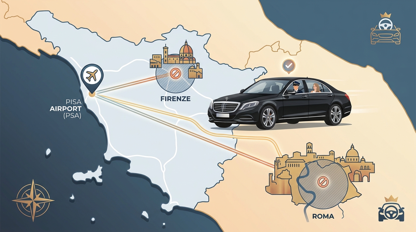 Illustrated map/diagram of Tuscany highlighting ZTL restricted zones in city centres and key routes from Pisa to Florence and Rome, emphasizing the convenience of a chauffeur navigating these areas